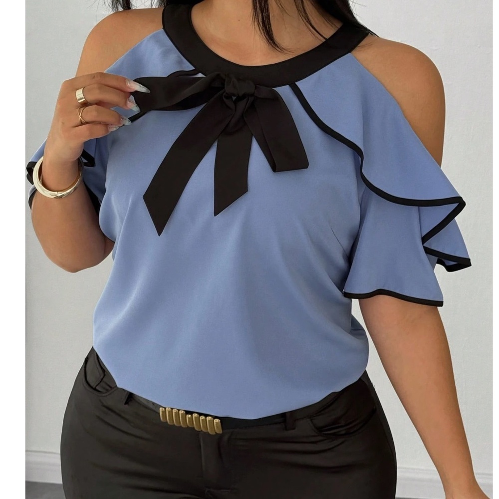 Plus Color Block Cold Shoulder Ruffle Detail Short Sleeve Blouse - Picture 3 of 11